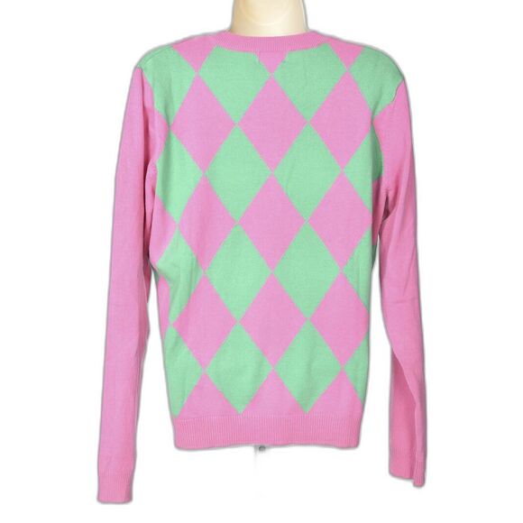 Lilly Pulitzer Lightweight Pink and Green Argyle V-Neck Sweater Size L - Picture 2 of 3